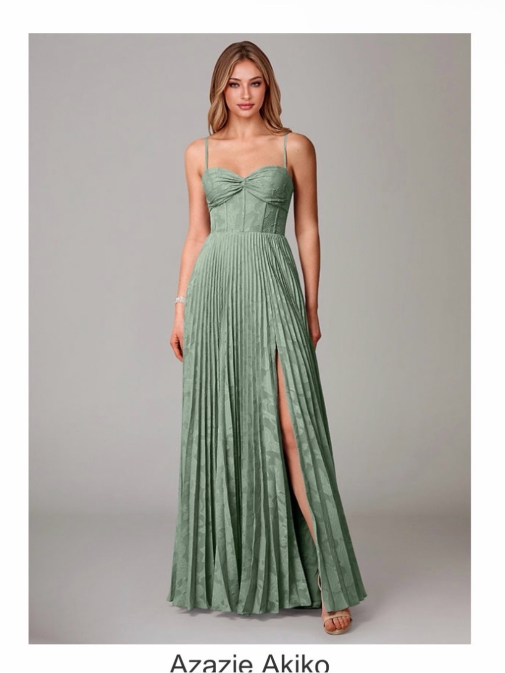 Azazie Sage Green Pleated Maxi Dress with Spaghetti Straps